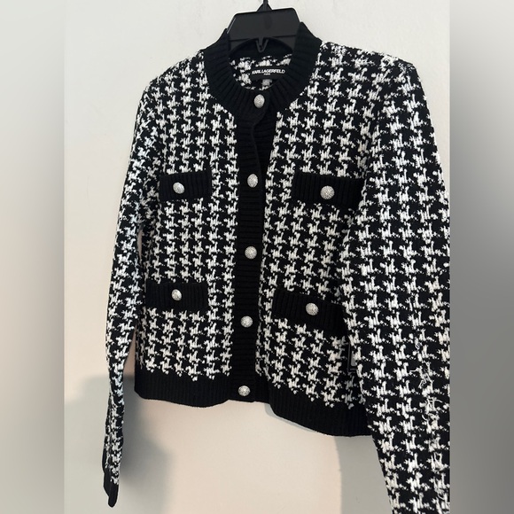 New KARL LAGERFELD Women’s Quiet Luxury Preppy Houndstooth Knit Blazer Sz XS - Picture 4 of 12